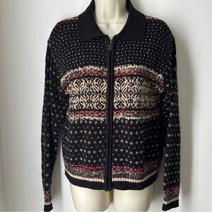 Liz Claiborne Black Red Vintage Fair Isle Zip Up Cardigan